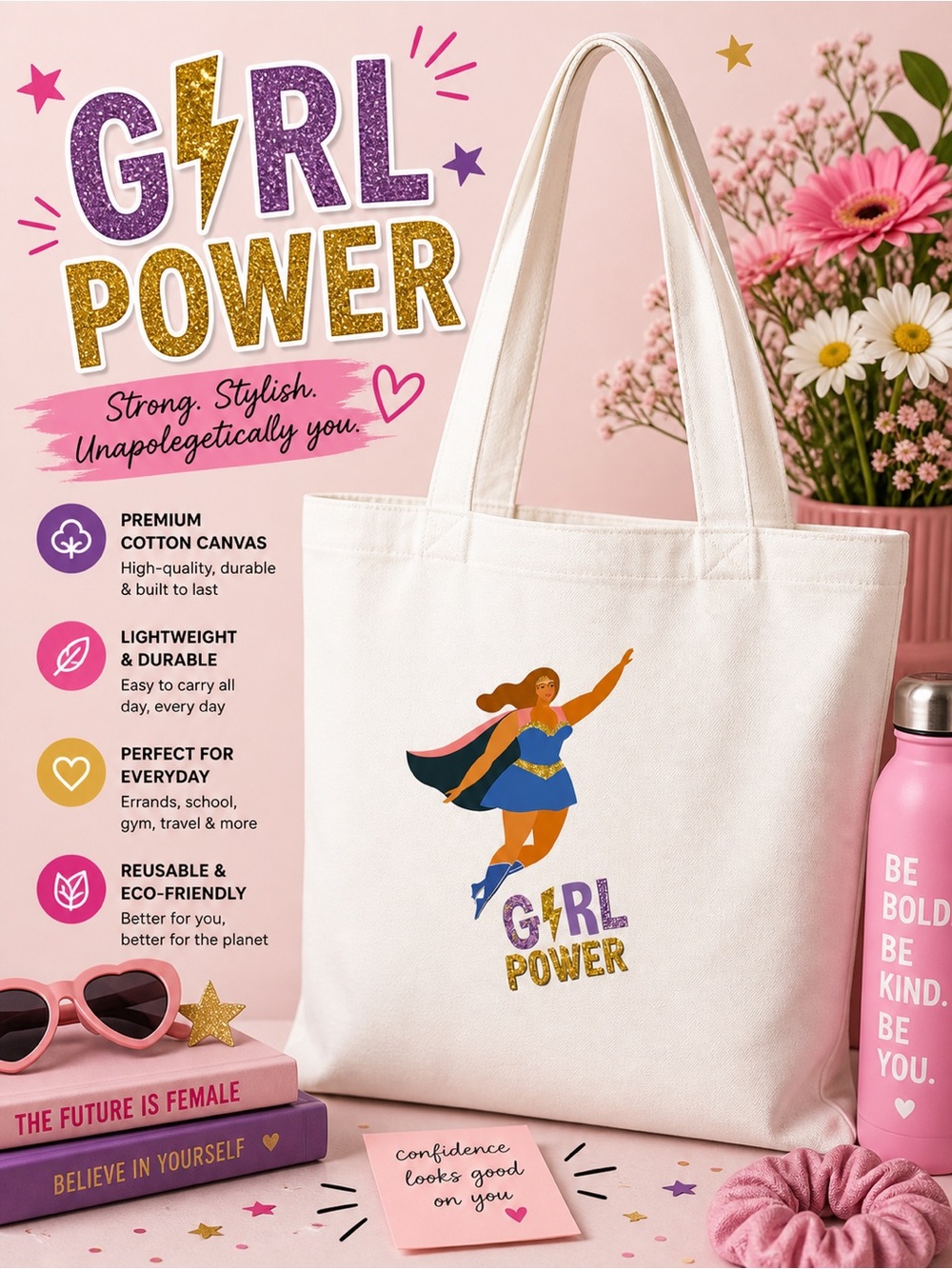 Handmade Canvas Tote Bag with Girl Power Graphic - White